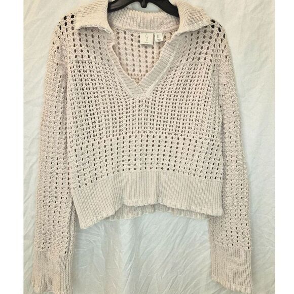 Joie Sweaters - Joie Cropped Crochet Knit Polo Sweater Ivory V-Neck Open Weave Long Sleeve L